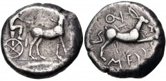 SICILY, Messana. 478-476 BC. AR Tetradrachm (24mm, 16.96 g, 5h). Charioteer driving biga of mules right; leaf in exergue / Hare springing right. Caltabiano B1 (‘Barbarous’; same dies as illustration);