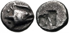 MYSIA, Kyzikos. Circa 550-500 BC. AR Trihemiobol (9mm, 1.02 g). Head of tunny right; two pellets to left, tunny above / Quadripartite incuse square. Cf. Von Fritze I 2 (hemiobol); SNG France –; cf. SN