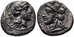 CYPRUS, Salamis. Evagoras II. Circa 361-351 BC. AR Hemiobol (8mm, 0.41 g, 12h). Bust of Aphrodite left, wearing mural crown / Helmeted head of Athena right. SNG Copenhagen- ; Klein 680 (this coin). VF