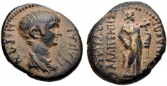LYDIA, Blaundus. Nero. AD 54-68. Æ (19mm, 5.26 g, 12h). Tiberius Claudius Calligenes, magistrate. Struck circa AD 55. Bareheaded and draped bust right / Apollo standing right, holding plectrum and lyr