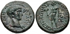 LYDIA, Hypaepa. Nero. AD 54-68. Æ (15mm, 2.42 g, 1h). Metrodoros Kon, magistrate. Struck circa AD 55(?). Bare head right / Hero standing left, holding bipennis. RPC I 2542; BMC 16-8. VF, green patina,
