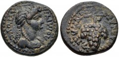 LYDIA, Philadelphia. Domitia. Augusta, AD 82-96. Æ (15mm, 3.11 g, 6h). Lagetas, magistrate. Draped bust right / Grape bunch. RPC II 1336; SNG München –; SNG Copenhagen 379. VF, green patina. From Grou