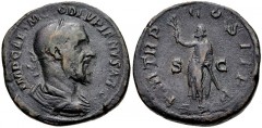 Pupienus. AD 238. Æ Sestertius (30mm, 21.21 g, 12h). Rome mint. 1st emission. Laureate, draped, and cuirassed bust right / Pupienus standing left, holding branch and parazonium. RIC IV 15; BMCRE 51; B