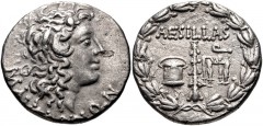MACEDON (Roman Province). Aesillas. Quaestor, circa 95-70 BC. AR Tetradrachm (27mm, 15.70 g, 12h). Uncertain mint. Head of the deified Alexander the Great right; Θ behind / Money chest, club, and chai