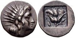 ISLANDS off CARIA, Rhodos. Rhodes. Circa 188-170 BC. AR Drachm (15mm, 2.53 g, 1h). ‘Plinthophoric’ coinage. Aristoboulos, magistrate. Radiate head of Helios right / Rose with bud to right; APIΣTOBOYΛO
