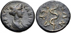 LYDIA, Hyrcanis. Sabina. Augusta, AD 128-136/7. Æ (15mm, 2.05 g, 6h). Draped bust right / Serpent-entwined staff of Asclepius. BMC 15. VF, green patina. Ex Group CEM.
