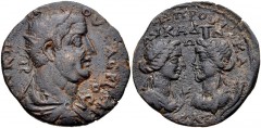 CILICIA, Seleucia ad Calycadnum. Valerian I. AD 253-260. Æ (32mm, 12.11 g, 6h). Radiate, draped, and cuirassed bust right / Laureate and draped bust of Apollo right, with laurel branch before, vis-à-v