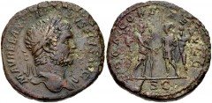 Caracalla. AD 198-217. Æ Sestertius (32mm, 23.77 g, 6h). Rome mint. Struck AD 201-209. Laureate bust right, slight drapery / Caracalla and Geta standing facing one another, clasping right hands; Carac