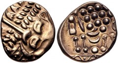 CELTIC, Durotriges. Uninscribed. Circa 65 BC-AD 45. Pale AV Stater (19mm, 5.69 g, 5h). Durotrigan E, Abstract (Cranborne Chase) type. Devolved head of Apollo right / Disjointed horse left. Van Arsdell