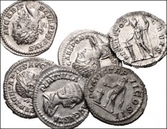 ROMAN. Imperial. Lot of six (6) AR Denarii from Septimius Severus to Plautilla. Includes: Septimius Severus (2) // Geta (3) // Plautilla. Near EF to EF. LOT SOLD AS IS, NO RETURNS. Six (6) coins in lo