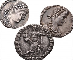 ROMAN. Imperial. Lot of three (3) AR Siliquae. Includes: Gratian // Valentian II // Honorius. VF, toned, clipped. LOT SOLD AS IS, NO RETURNS. Three (3) coins in lot.