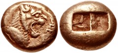 KINGS of LYDIA. Alyattes. Circa 610-560 BC. EL Trite – Third Stater (13mm, 4.72 g). Sardes mint. Confronted lion’s heads (only the left is visible); walwet (partially off flan) between / Two incuse sq