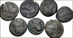 GREEK. Magna Graecia & Sicily. Lot of seven (7) bronze coins of Cales in Campania. Includes: Helmeted head of Athena left / Cock standing right; star behind. HN 435 // Laureate head of Apollo left / M