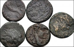 MIXED. Greek-Roman Provincial. Lot of eight (8) bronze coins of Paestum. Includes: GREEK: Æ 20mm. HN 1184 // Æ Sextans. HN 1193 // Æ Triens. HN 1216 // Æ Semis. HN 1237 // Æ Semis. HN 1243 // Æ Semis.