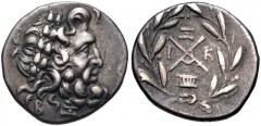 ACHAIA, Achaian League. Megalopolis. Circa 160-146 BC. AR Triobol or Hemidrachm (15mm, 2.47 g, 1h). Laureate head of Zeus right; B Z below / League monogram; Ξ above, I–K across field, syrinx below; a