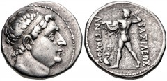 BAKTRIA, Greco-Baktrian Kingdom. Antiochos Nikator. Circa 240-225 BC. AR Tetradrachm (27mm, 16.56 g, 5h). Attic standard. Mint A (near Aï Khanoum). Diademed head right / Zeus Bremetes advancing left, 
