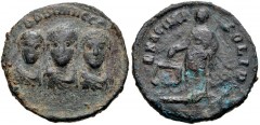 Theodosius I, with Arcadius and Honorius. AD 379-395. Æ Exagium Solidi Weight (20mm, 4.05 g, 12h). Constantinople mint. DDD NNN GGG, diademed and draped facing busts of Honorius, Theodosius, and Arcad