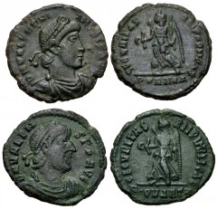 ROMAN. Imperial. Lot of two (2) bronze coins of Valentinian I and Valens. Includes: Valentinian I. Rome mint, 1st officina. Struck 364-367. Diademed, draped, and cuirassed bust right / Victory advanci