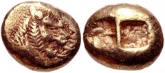 KINGS of LYDIA. Alyattes. Circa 610-560 BC. EL Trite – Third Stater (13mm, 4.71 g). Sardes mint. Confronted lion’s heads (only the left is visible); walwet (partially off flan) between / Two incuse sq