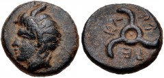 DYNASTS of LYCIA. Perikles. Circa 380-360 BC. Æ (12mm, 2.02 g). Horned head of Pan left / Triskeles. Falghera 219-23; SNG von Aulock 4257-8. VF, green patina, earthen highlights.
