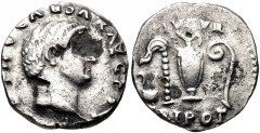 Otho. AD 69. Fourrée Denarius (16mm, 2.61 g, 6h). Contemporary imitation struck after AD 72-73. Bare head right / Simpulum, sprinkler, jug, and lituus. Cf. RIC II 356 (Vespasian); cf. RSC 45 (Vespasia