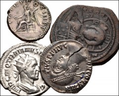 MIXED. Roman Imperial-Byzantine. Lot of four (4) bronze and silver coins. Includes: ROMAN IMPERIAL: Trajan. AR Denarius // Trajan Decius. AR Antoninianus // Constantius II. AR Siliqua // BYZANTINE: An