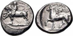 THESSALY, Larissa. Circa 420-400 BC. AR Drachm (17mm, 6.23 g, 9h). Thessalos left, nude but for petasos and chlamys, holding a band around head of bull leaping left / Horse walking left within shallow