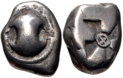 BOEOTIA, Thebes. Circa 480-460 BC. AR Stater (15mm, 11.63 g). Boeotian shield / Incuse mill-sail pattern; archaic Θ at center. BCD Boiotia 622j (this coin); SNG Copenhagen 248. VF, toned. Ex Noble Num