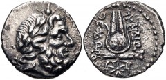 CARIA, Myndos. Mid 2nd century BC. AR Drachm (17mm, 3.51 g, 12h). Theodoros, magistrate. Laureate head of Sarapis right / Headdress of Isis set on two grain ears; star below. Myndos 76 (this coin). Go