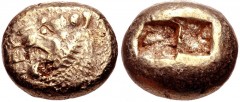 KINGS of LYDIA. Alyattes. Circa 610-560 BC. EL Trite – Third Stater (12mm, 4.72 g). Lydo-Milesian standard. Sardes mint. Confronted lion’s heads (only the right is visible); walwet (partially off flan