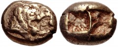 KINGS of LYDIA. Alyattes. Circa 610-560 BC. EL Hekte – Sixth Stater (10mm, 2.31 g). Lydo-Milesian standard. Sardes mint. Confronted lion’s heads (only the left is visible); walwet (partially off flan)