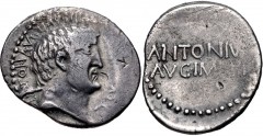 The Triumvirs. Mark Antony. Summer 32 BC. AR Denarius (21mm, 3.55 g, 7h). Athens mint. Bare head right; [small P (signature) in hair below ear] / ANTONIV[S]/ AVG IM[P III] in two lines. Crawford 542/2