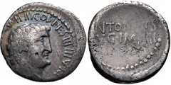 The Triumvirs. Mark Antony. Summer 32 BC. AR Denarius (18mm, 3.51 g, 2h). Athens mint. Bare head right; [small P (signature) in hair below ear] / ANTONIV[S]/ AVG IM[P III] in two lines. Crawford 542/2