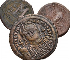 BYZANTINE. Lot of three (3) Æ Folles from Justinian I to the anonymous issues. Includes: Justinian I. Æ Follis. Constantinople mint., 1st officina. Dated RY 14. SB 163 // Tiberius II Constantine. Æ Fo