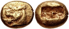 KINGS of LYDIA. Alyattes. Circa 610-560 BC. EL Trite – Third Stater (13mm, 4.71 g). Lydo-Milesian standard. Sardes mint. Confronted lion’s heads (only the right is visible); walwet (largely off flan) 