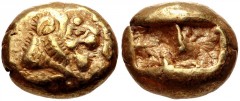 KINGS of LYDIA. Alyattes. Circa 610-560 BC. EL Hekte – Sixth Stater (10mm, 2.36 g). Lydo-Milesian standard. Sardes mint. Confronted lion’s heads (only the left is visible); walwet (partially off flan)