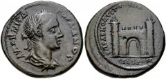 MOESIA INFERIOR, Nicopolis ad Istrum. Gordian III. AD 238-244. Æ (27mm, 13.92 g, 7h). Sabinius Modestus, legatus consularis. Laureate and draped bust right / Arched gate flanked by two roofed towers w