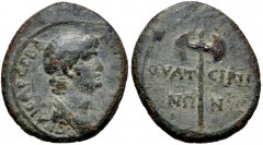 LYDIA, Thyateira. Nero. As Caesar, AD 50-54. Æ (16mm, 2.63 g, 12h). Bareheaded bust of youthful Nero right / Labrys. RPC I 2381; SNG von Aulock 4268; SNG Copenhagen 595; BMC 58. VF, green patina.