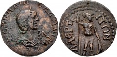 CILICIA, Laertes. Salonina. Augusta, AD 254-268. Æ 11 Assaria (29mm, 15.56 g, 6h). Diademed and draped bust right; IA (mark of value) before / Warrior (Ares?) standing right, holding spear and shield.