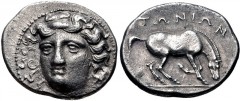 THESSALY, Gyrton. Circa 340s-330s BC. AR Hemidrachm (16mm, 2.93 g, 12h). Head of the nymph Gyrtone facing slightly left, wearing ampyx / [ΓYP]–TΩNIΩN, horse right, preparing to roll. BCD Thessaly II 7