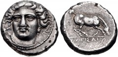 THESSALY, Larissa. Circa 405/0-370 BC. AR Drachm (18mm, 6.18 g, 9h). Head of the nymph Larissa facing slightly left, wearing ampyx inscribed [ΓEY], earring, garment clasp on her right shoulder, and ne