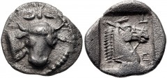 THESSALY, Perrhaiboi. Circa 462/1-460 BC. AR Obol (12mm, 0.83 g, 12h). Head and neck of bull right, the head turned to face the viewer; above, “star” composed of pellet between two horizontal lines / 
