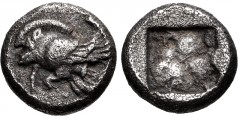 IONIA, Klazomenai. Circa 499-494 BC. AR Diobol (9mm, 1.18 g). Forepart of winged boar left / Incuse square. Cf. BMC 9-10 (drachm); cf. Traité I 488 (drachm). VF, toned, porous. Very rare with boar lef