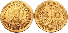 Basil II Bulgaroktonos, with Constantine VIII. 976-1025. AV Histamenon Nomisma (26mm, 4.36 g, 6h). Class VI. Constantinople mint. Struck 1005-1025. Facing bust of Christ Pantokrator; annulets in upper