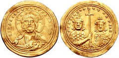 Basil II Bulgaroktonos, with Constantine VIII. 976-1025. AV Histamenon Nomisma (25mm, 4.36 g, 7h). Class VI. Constantinople mint. Struck 1005-1025. Facing bust of Christ Pantokrator; annulets in upper