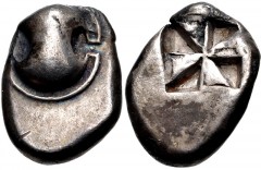 BOEOTIA, Thebes. 525-480 BC. AR Drachm (13mm, 6.11 g). Boeotian shield / Incuse square with counterclockwise windmill pattern. BCD Boiotia 328. VF, toned, off center. Lot includes old collection holde
