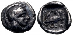 ATTICA, Athens. Circa 465/2-454 BC. AR Hemiobol (7mm, 0.33 g, 12h). Helmeted head of Athena right / Owl standing right, head facing, with spread tail feathers; olive spray behind; all within incuse sq