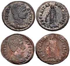 ROMAN. Imperial. Lot of two (2) Æ Folles of Helena. Includes: Heraclea mint, 5th officina. Struck AD 327-329. RIC VII 95 // Antioch mint. 2nd officina. Struck AD 327-328. RIC VII 80. VF, minor roughne