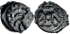 GAUL, Northwest. Carnutes. Circa 50-30 BC. Potin Unit (16mm, 3.71 g, 10h). Celticized head right / Wolf standing left. D&T 2608; Depeyrot, NC V, 111; CCCBM II –. VF, dark green patina. Rare. Compared 