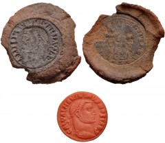 Galerius. As Caesar, AD 293-305. Ceramic counterfeiter’s mold (35mm, 5.66 g). Part of a mold for casting coins, impressed with a coin on both sides; on one side a head of Galerius, on the opposite an 